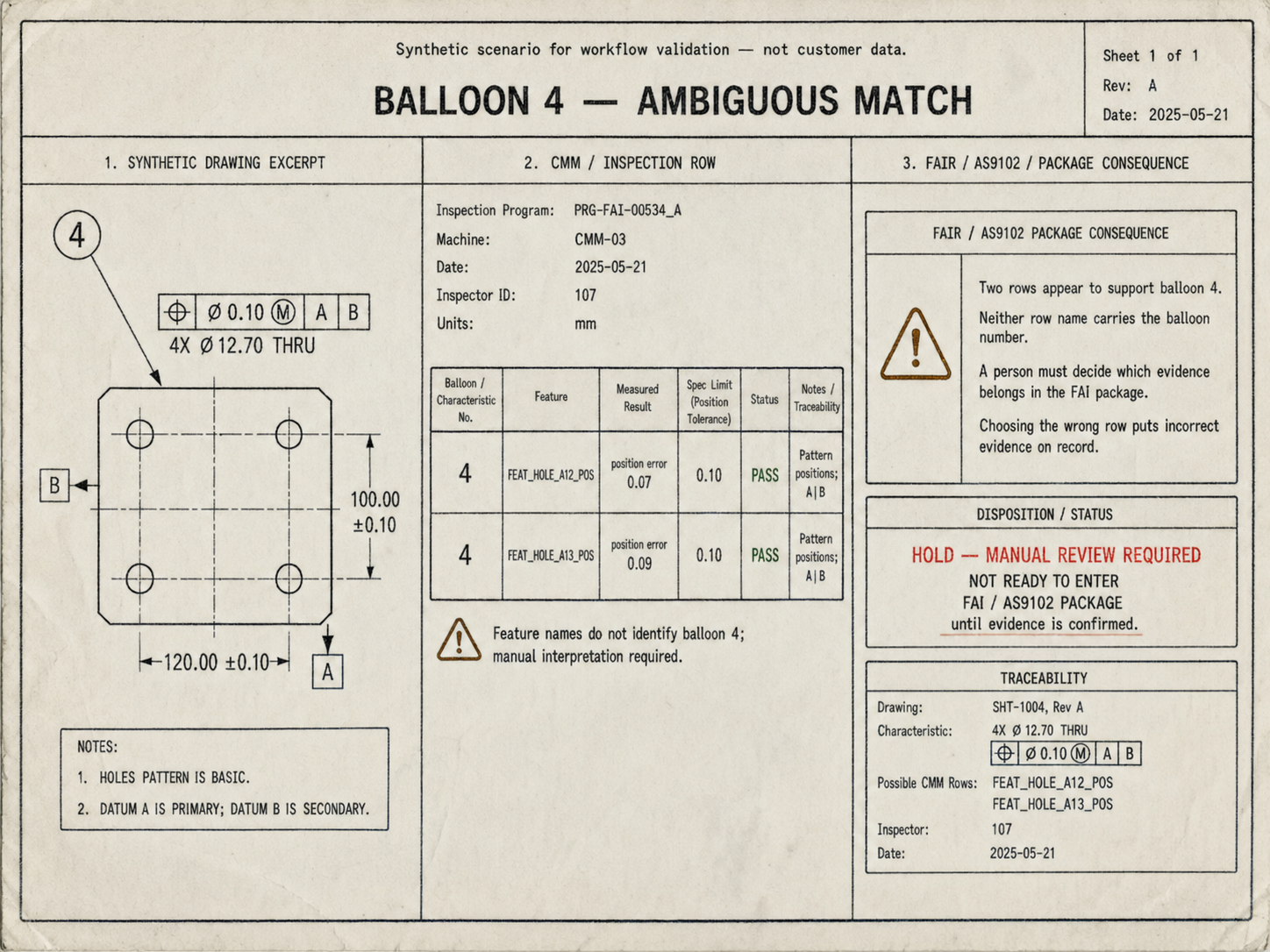Synthetic scenario card: a four-hole pattern drawing excerpt with a position tolerance, two CMM rows FEAT_HOLE_A12_POS and FEAT_HOLE_A13_POS with position errors 0.07 and 0.09 where neither name identifies the balloon, and a package panel marked hold — manual review required.